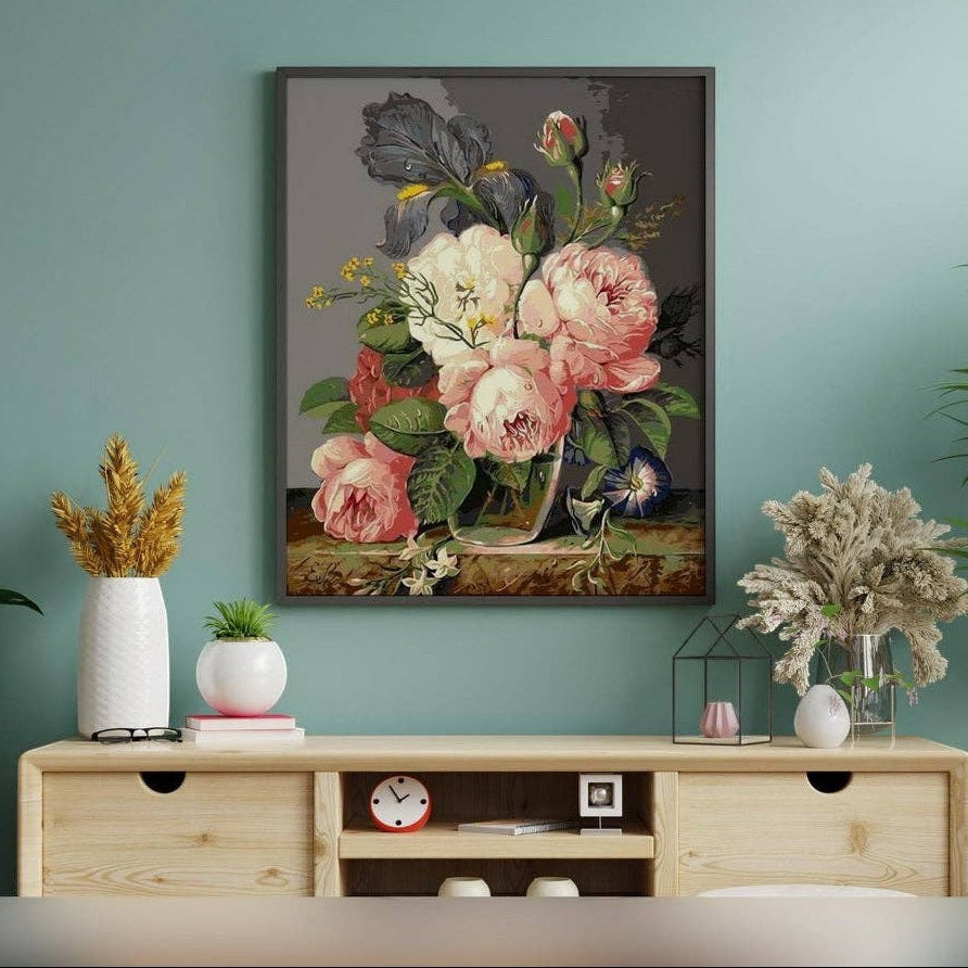 Mellow Monkey Paint By Numbers - Bouquet of Wild Flowers 16"x20" kit with pink roses, white peonies, and irises on a linen canvas.