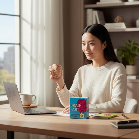 Mellow Monkey Brain Fart stress ball being squeezed by a woman at a desk with the product box and a laptop