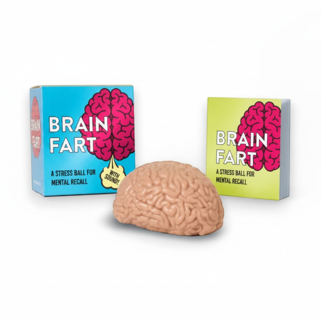 Mellow Monkey Brain Fart stress ball shaped like a brain with a 32-page mini book and colourful display box