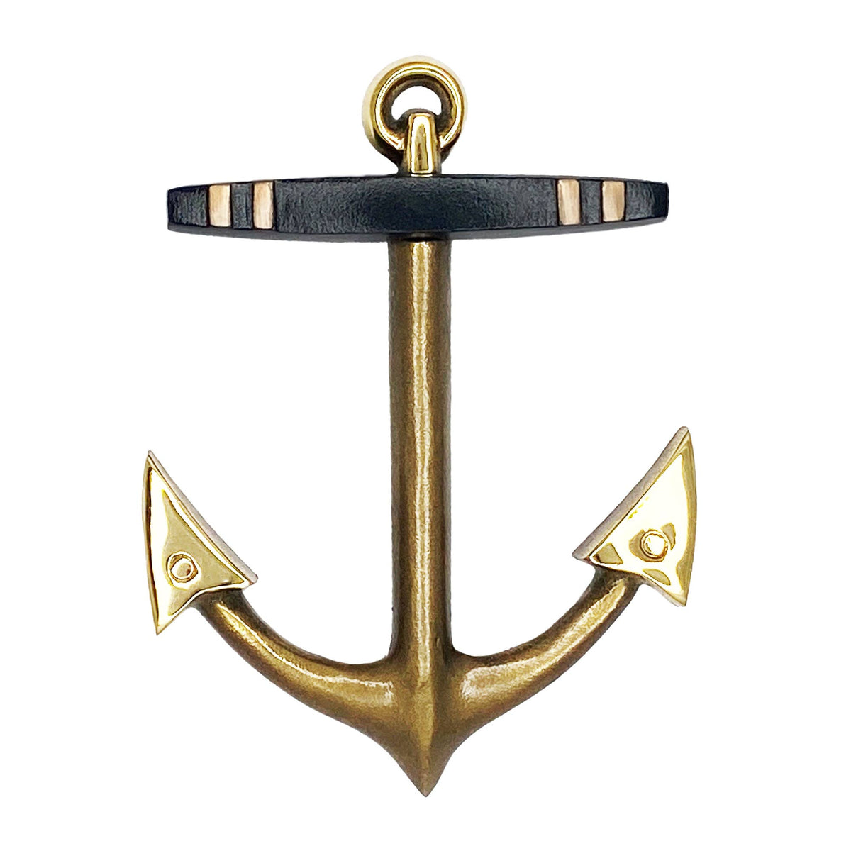 Mellow Monkey handcrafted solid brass anchor door knocker with a dark accent bar for coastal home decor.