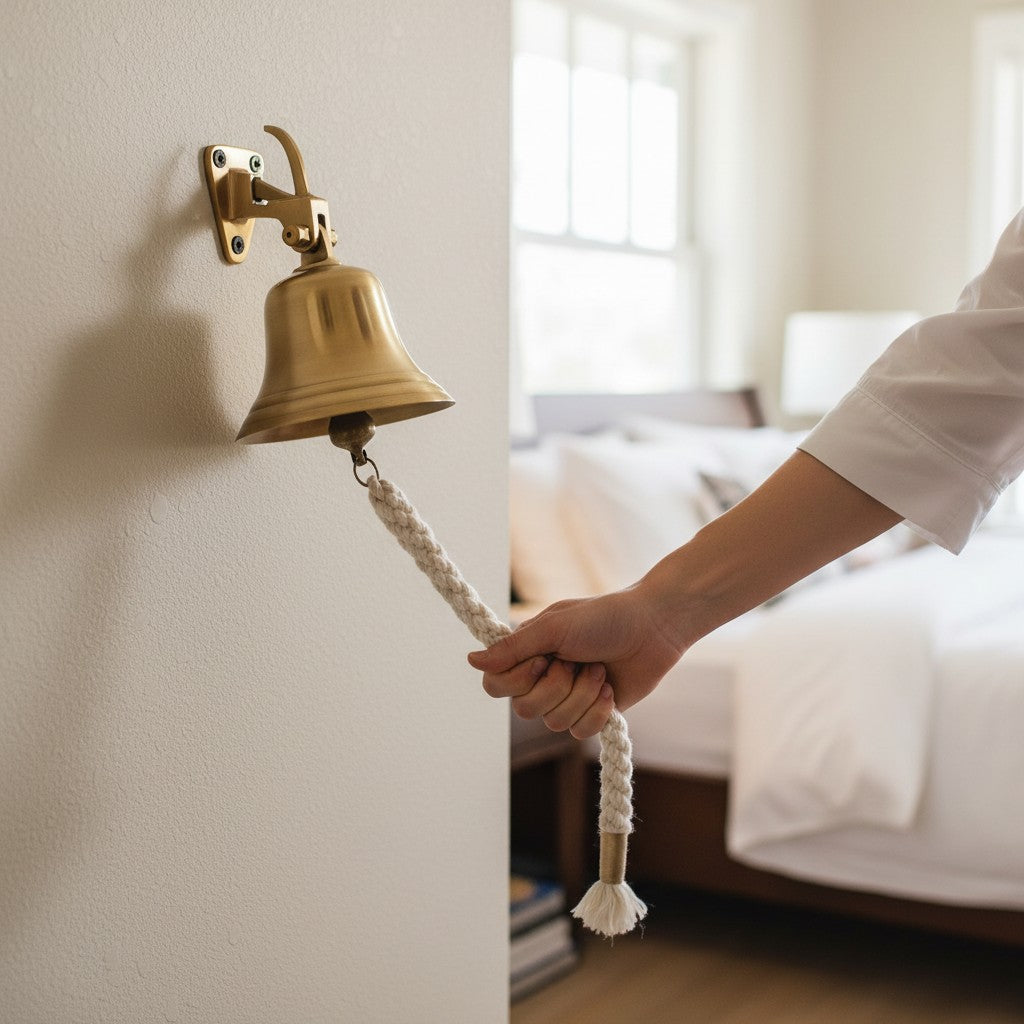 Mellow Monkey brass wall bell with knotted rope pull, 4 inches. Vintage farmhouse decor.