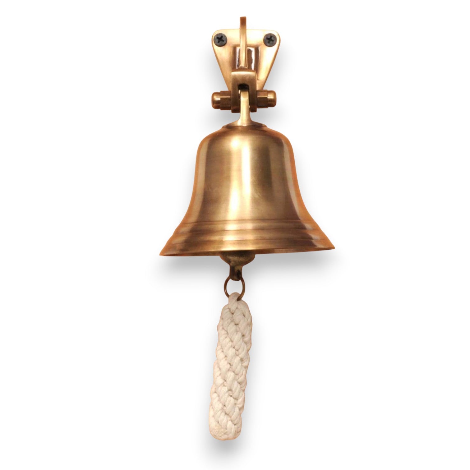 Mellow Monkey brass wall bell with knotted white cotton pull, 4 inches. Vintage farmhouse decor.