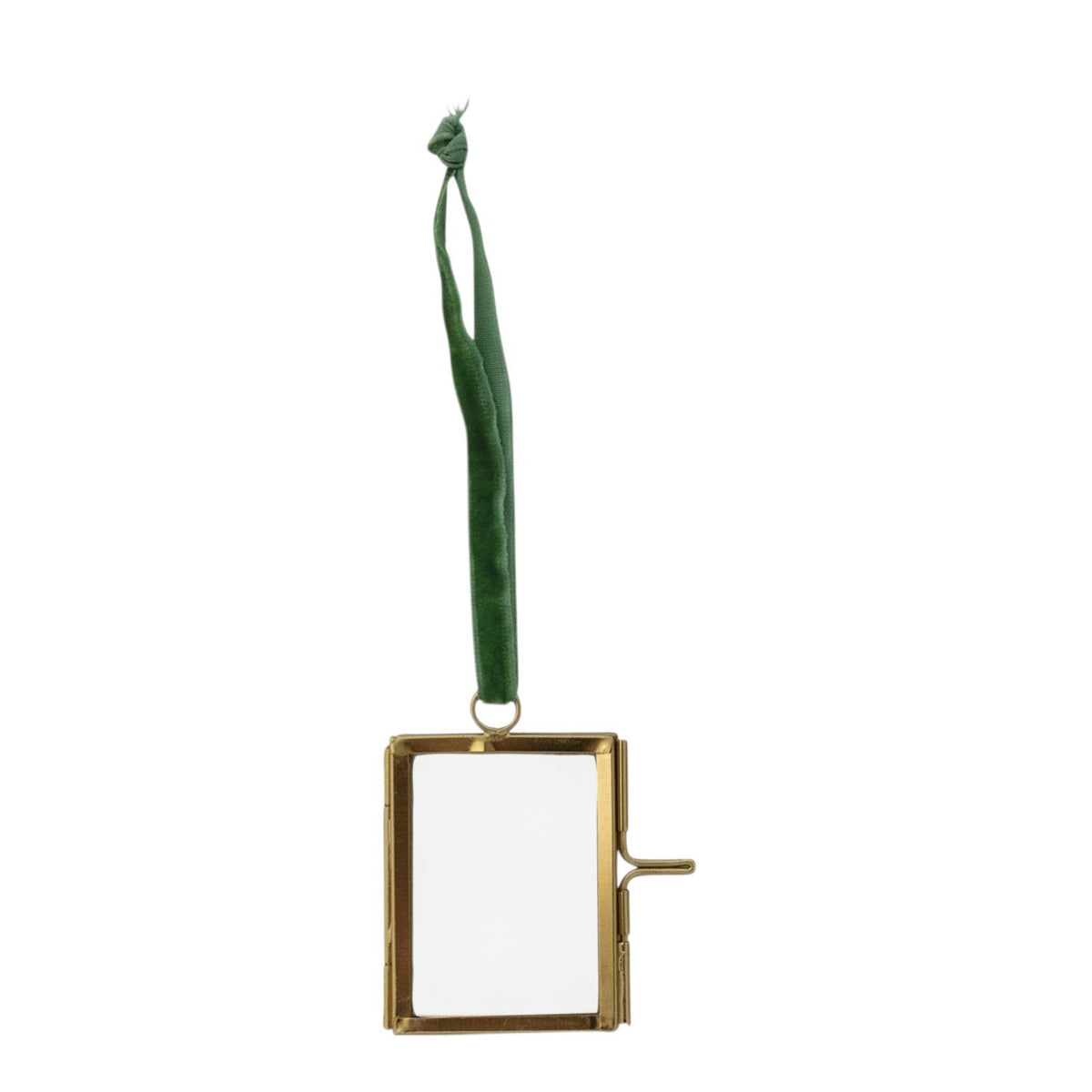 Mellow Monkey brass and glass miniature photo frame ornament with a green velvet ribbon hanger