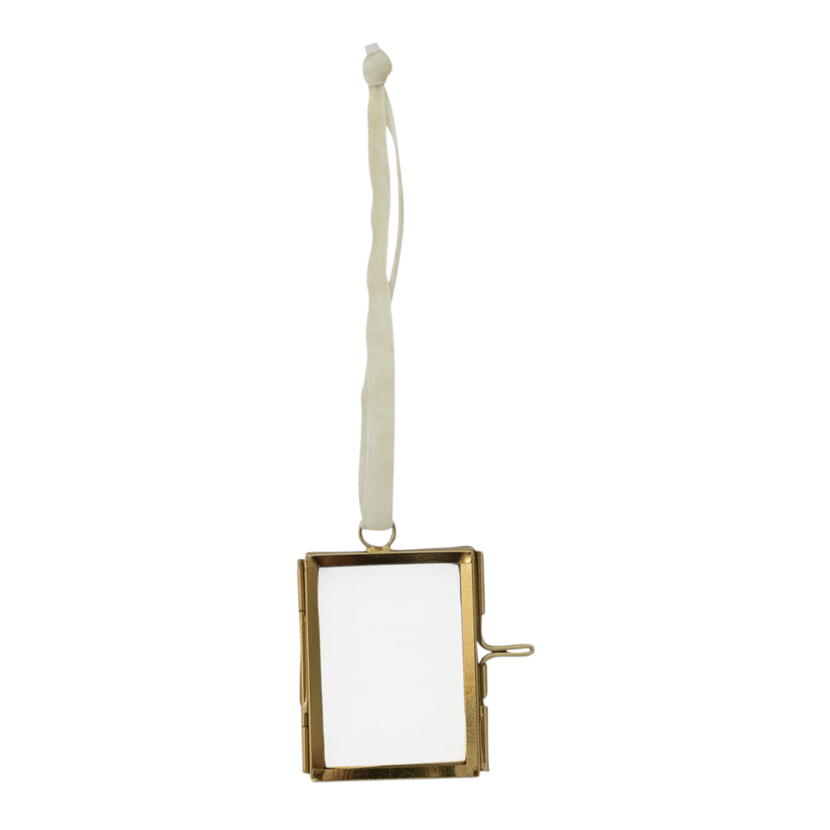 Mellow Monkey brass and glass miniature photo frame ornament with a white velvet ribbon hanger.