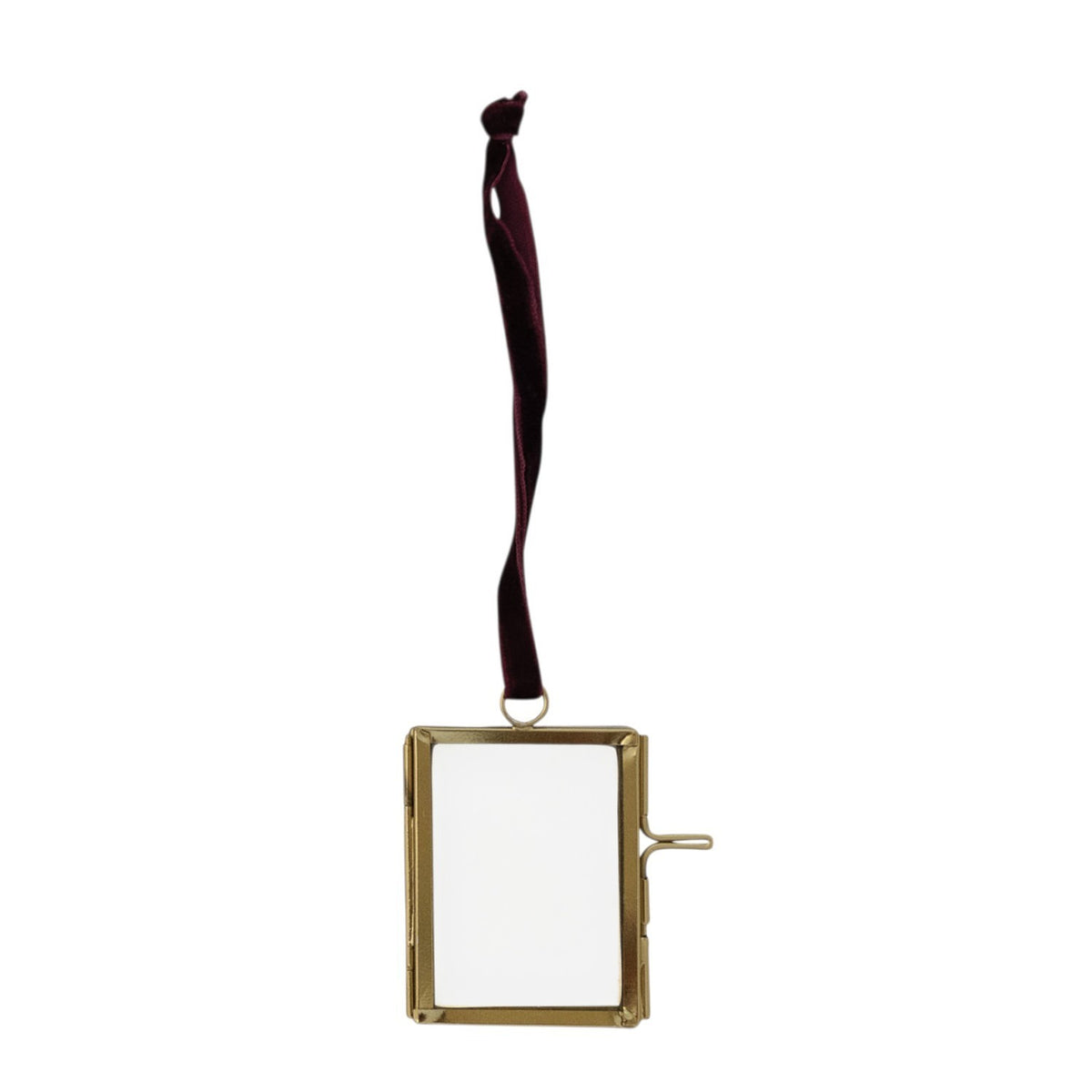 Mellow Monkey brass and glass photo frame ornament with a deep red velvet ribbon hanger for holiday tree display.