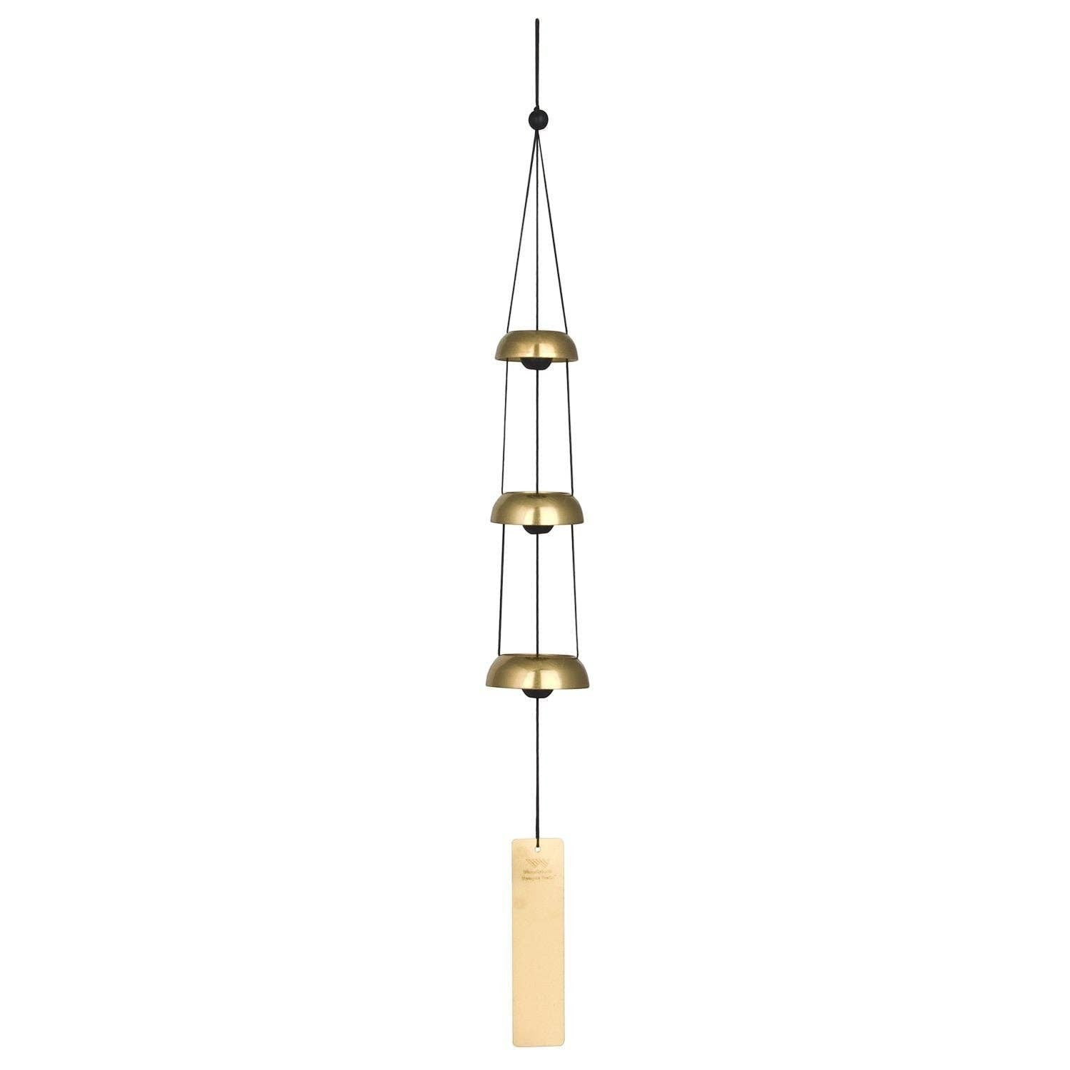 Mellow Monkey minimalist brass-toned metal wind chime with three graduated domes and a rectangular wind catcher