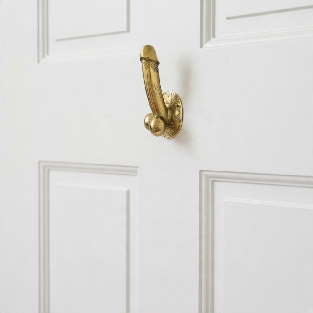 Mellow Monkey 8-inch antique gold brass wall hook with a unique phallic design mounted on a white door.
