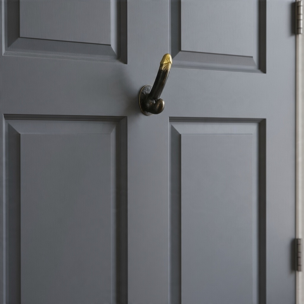 Mellow Monkey 8-inch antique brass wall hook with a unique phallic design mounted on a dark grey door.