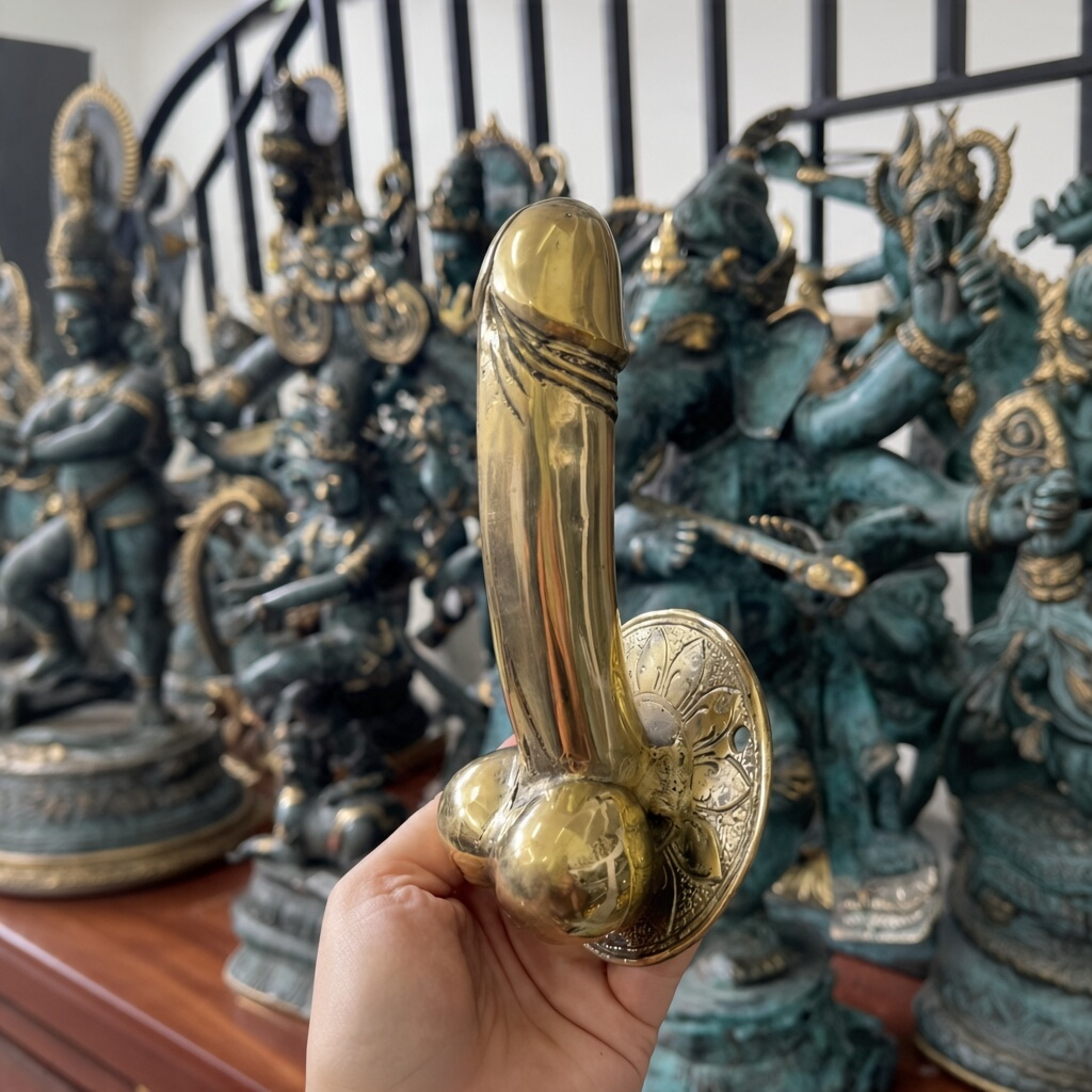 Mellow Monkey 6-inch brass wall hook with an antique gold finish and a unique phallic design for eclectic decor.