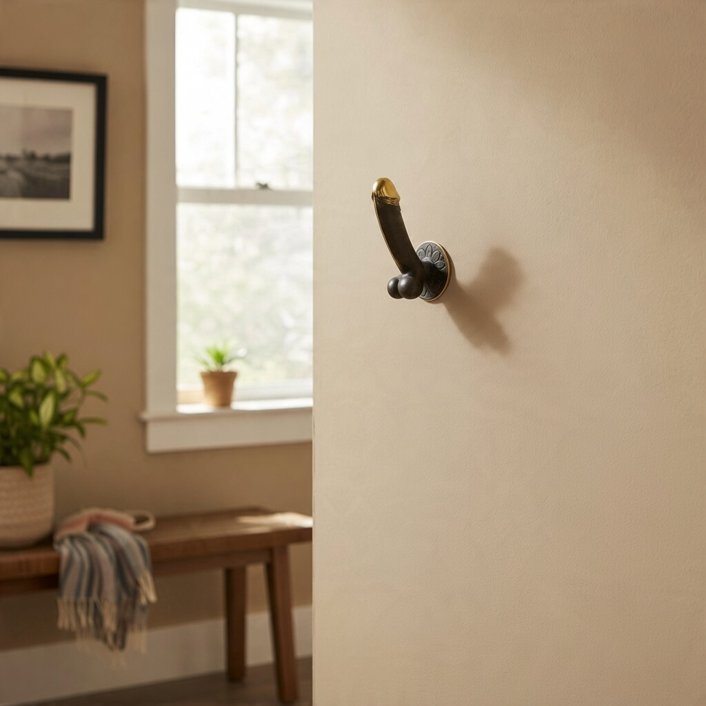 Mellow Monkey 6-inch antique brass wall hook with a unique phallic design and dark patina finish on a beige wall.
