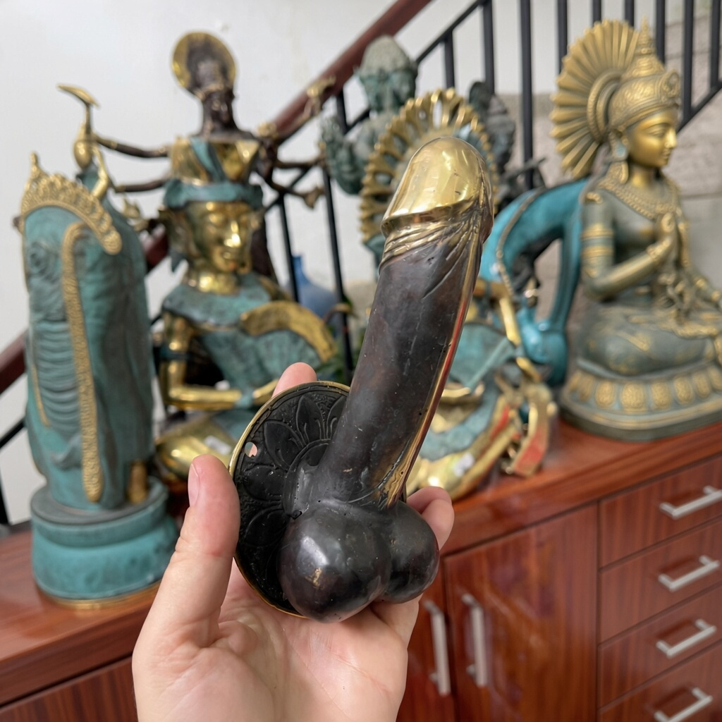 Mellow Monkey 6-inch antique brass wall hook shaped like a phallus with a dark patina and polished gold-tone tip.