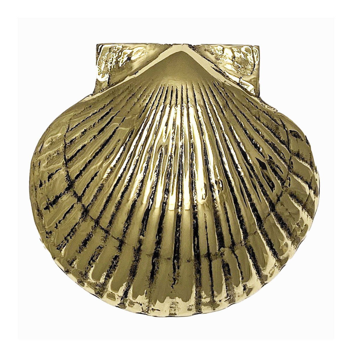 Mellow Monkey handcrafted solid cast brass scallop shell door knocker with a durable protective coating.