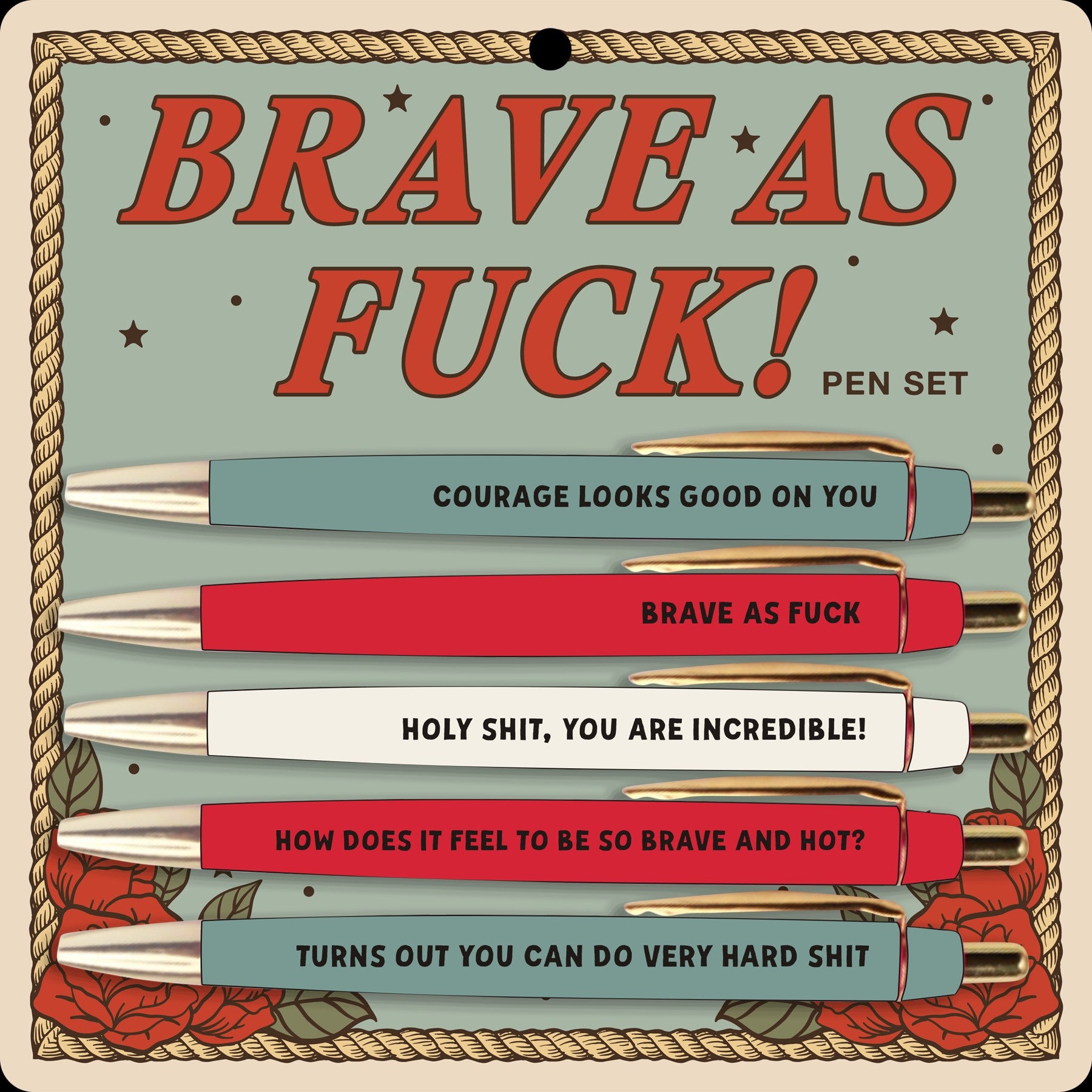 Mellow Monkey Brave As Fuck! pen set featuring five motivational pens with bold typography on a vintage western card.
