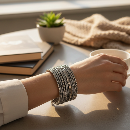 Mellow Monkey Bria silver multi-strand beaded cuff bracelet worn on a wrist while holding a coffee cup