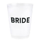 Mellow Monkey white frosted plastic cup with black "BRIDE" text, perfect for bachelorette parties.
