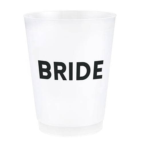 Mellow Monkey white frosted plastic cup with black "BRIDE" text, perfect for bachelorette parties.
