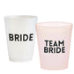Mellow Monkey Bride Squad frost flex party cups, 8 pack. White cup says BRIDE, pink cup says TEAM BRIDE. BPA-free plastic.