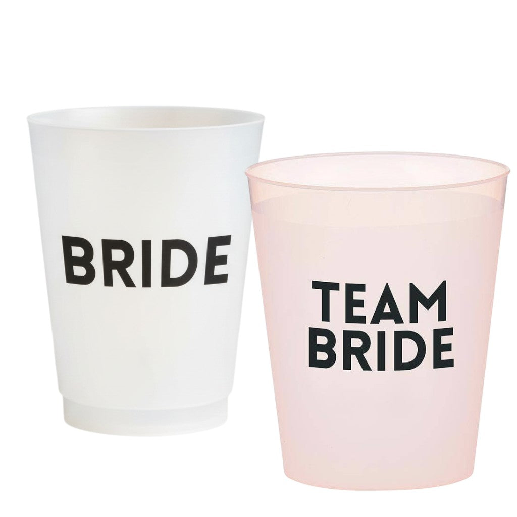 Mellow Monkey Bride Squad frost flex party cups, 8 pack. White cup says BRIDE, pink cup says TEAM BRIDE. BPA-free plastic.