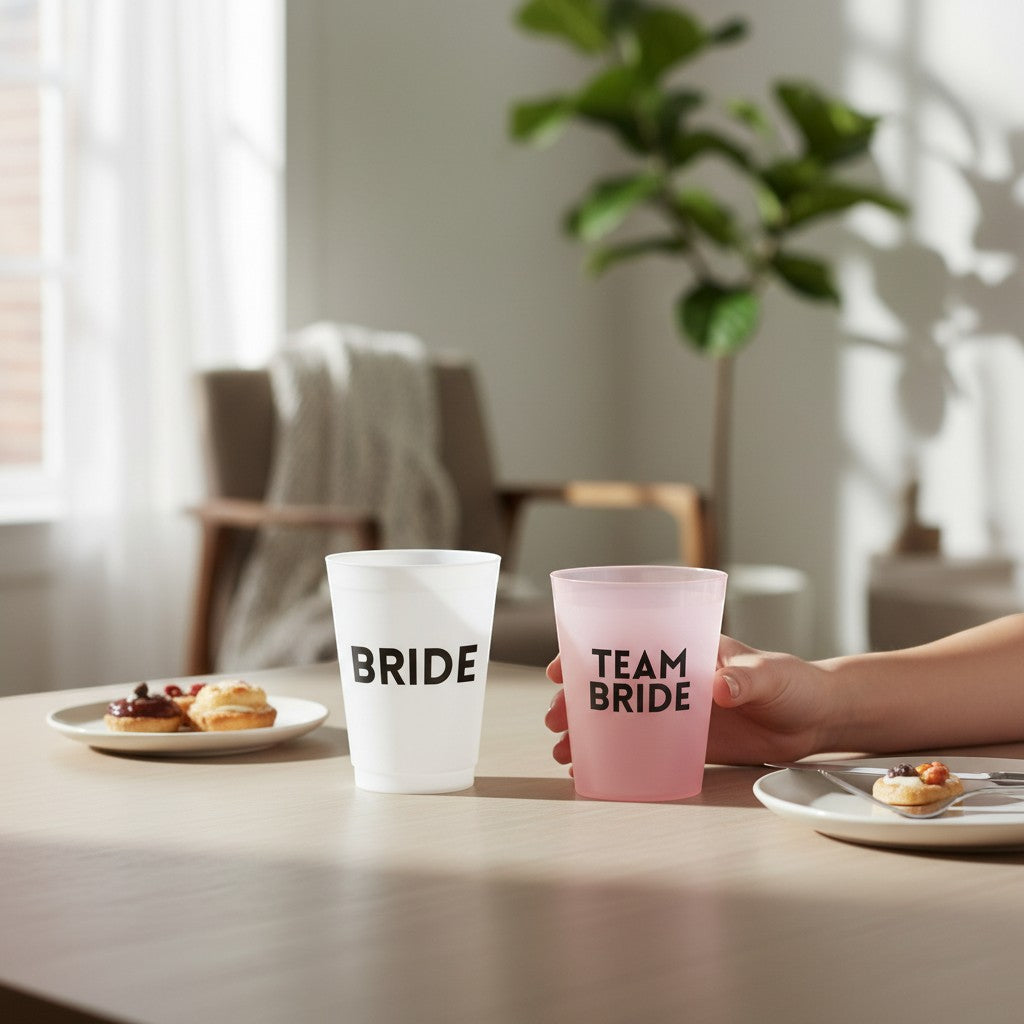 Mellow Monkey Bride Squad frost flex party cups, one white with "BRIDE" and one pink with "TEAM BRIDE". Pack of 8.
