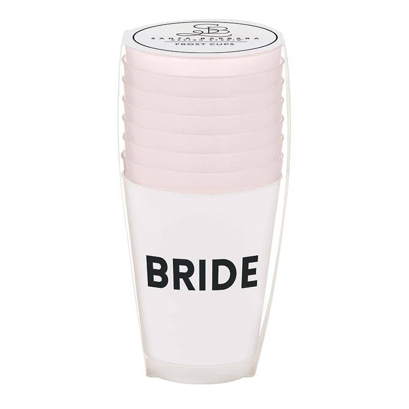 Mellow Monkey Bride Squad frost flex party cups, pack of 8. White plastic cups with black "BRIDE" text.