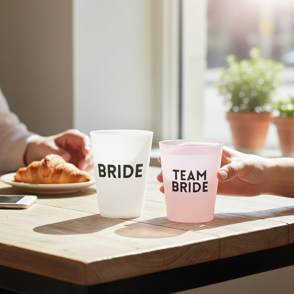 Mellow Monkey Bride Squad frost flex party cups, pack of 8. White cup says BRIDE, pink cup says TEAM BRIDE.