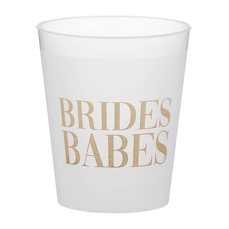 Mellow Monkey Brides Babes frost flex party cups, pack of 8. White BPA-free plastic cups with gold lettering.