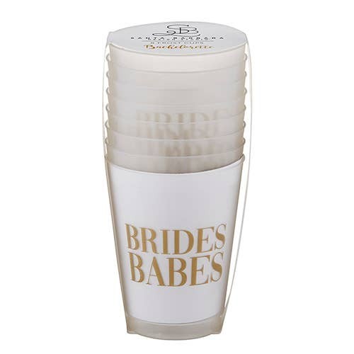 Mellow Monkey Brides Babes pack of 8 white frost flex party cups with gold lettering.