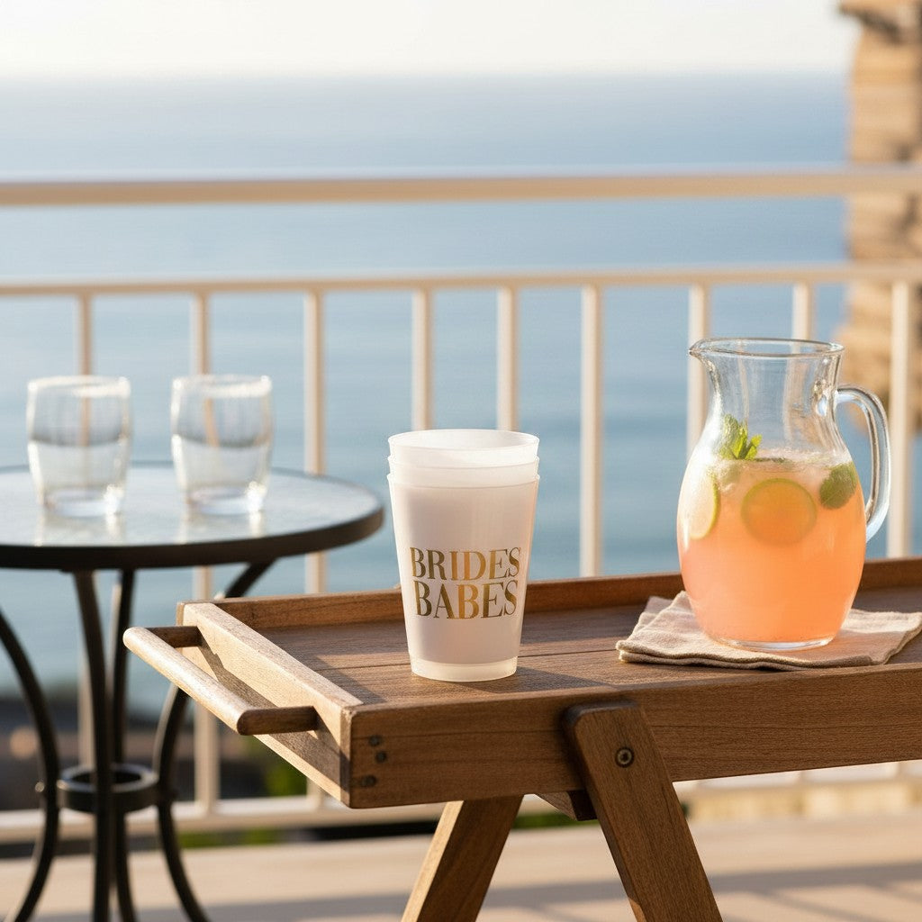 Mellow Monkey Brides Babes frost flex party cups, pack of 8. White BPA-free plastic cups with gold lettering.
