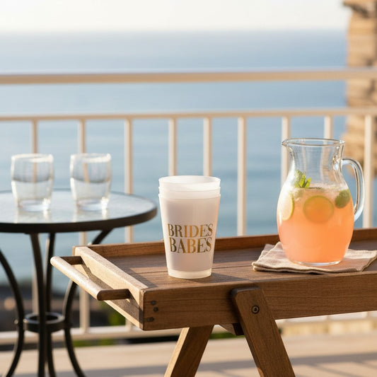 Mellow Monkey Brides Babes frost flex party cups, pack of 8. White BPA-free plastic cups with gold lettering.