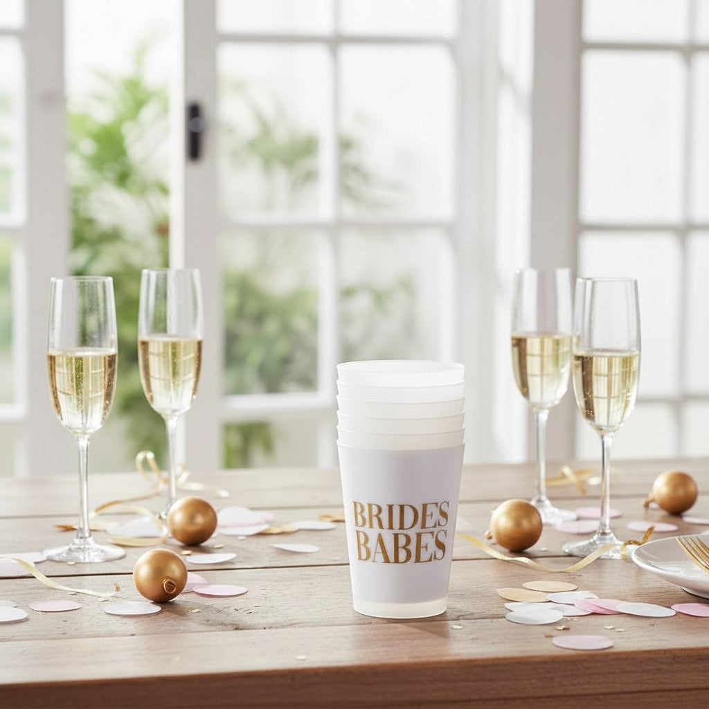Mellow Monkey Brides Babes frost flex party cups, pack of 8, BPA free plastic, white with gold text.