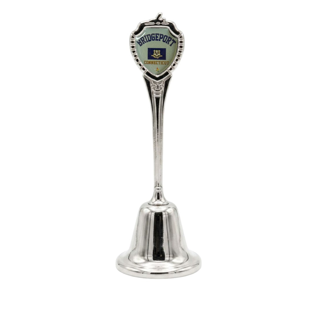 Mellow Monkey Bridgeport Connecticut souvenir bell with a silver-tone finish and a colorful city emblem