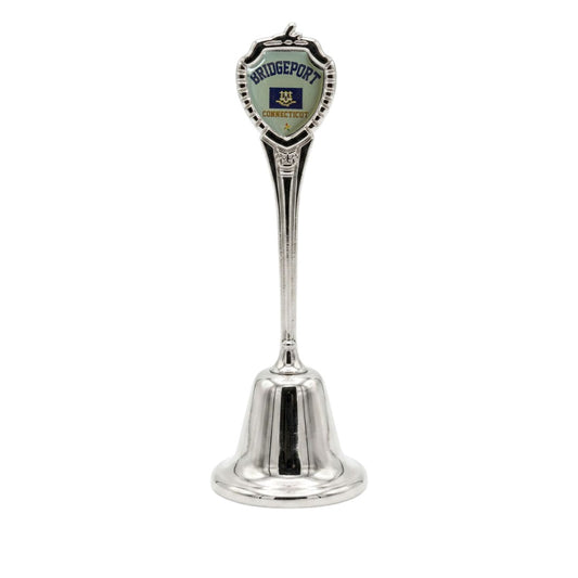 Mellow Monkey Bridgeport Connecticut souvenir bell with a silver-tone finish and a colorful city emblem