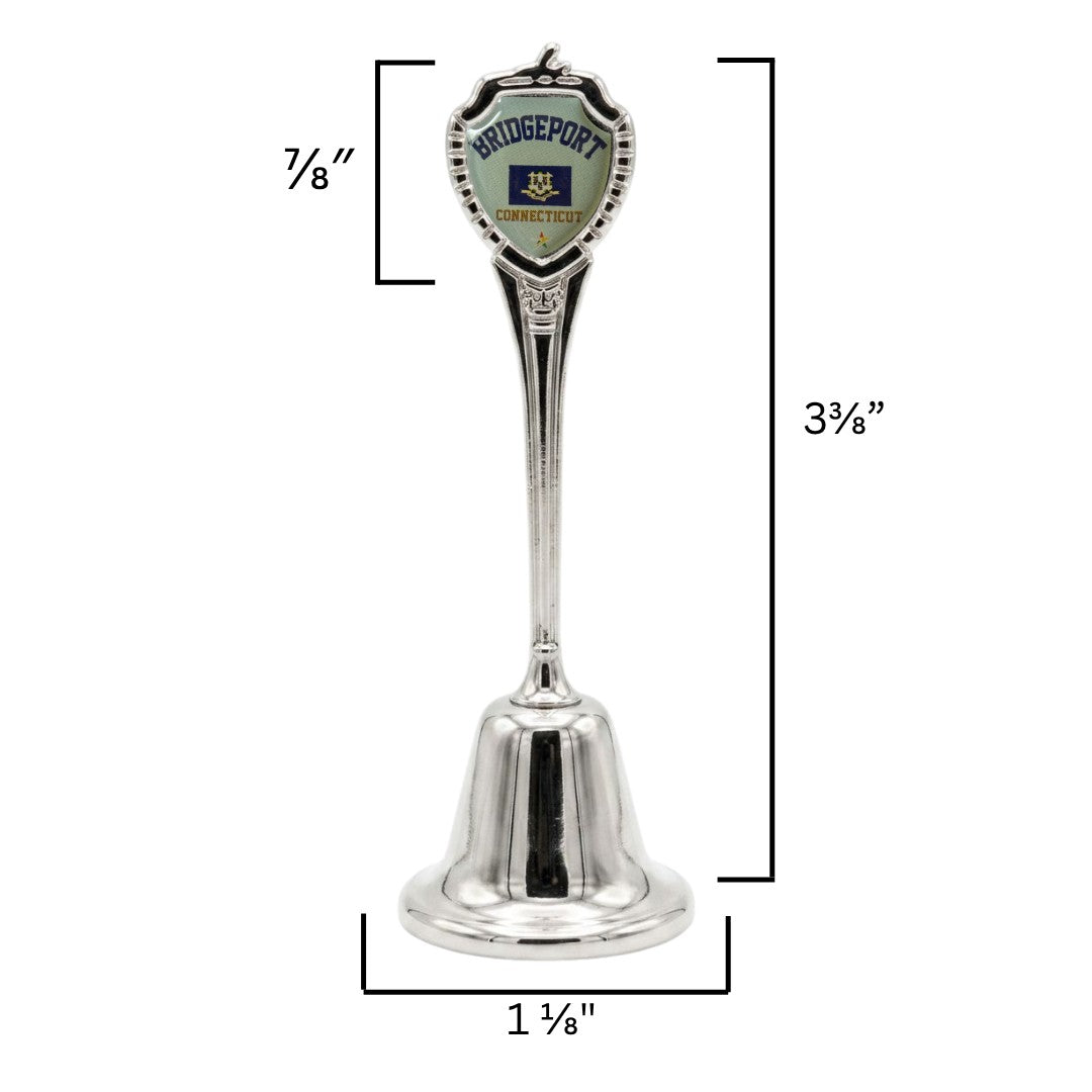 Mellow Monkey Bridgeport Connecticut souvenir bell with a polished silver-tone finish and colorful state emblem