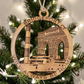 Mellow Monkey wooden Bridgeport CT ornament featuring laser-cut landmarks like the Perry Memorial Arch and ferry.