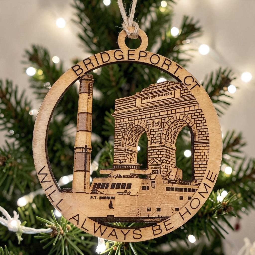 Mellow Monkey wooden Bridgeport CT ornament featuring laser-cut landmarks like the Perry Memorial Arch and ferry.