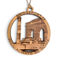 Mellow Monkey wooden ornament featuring Bridgeport CT landmarks including the Perry Memorial Arch and ferry.