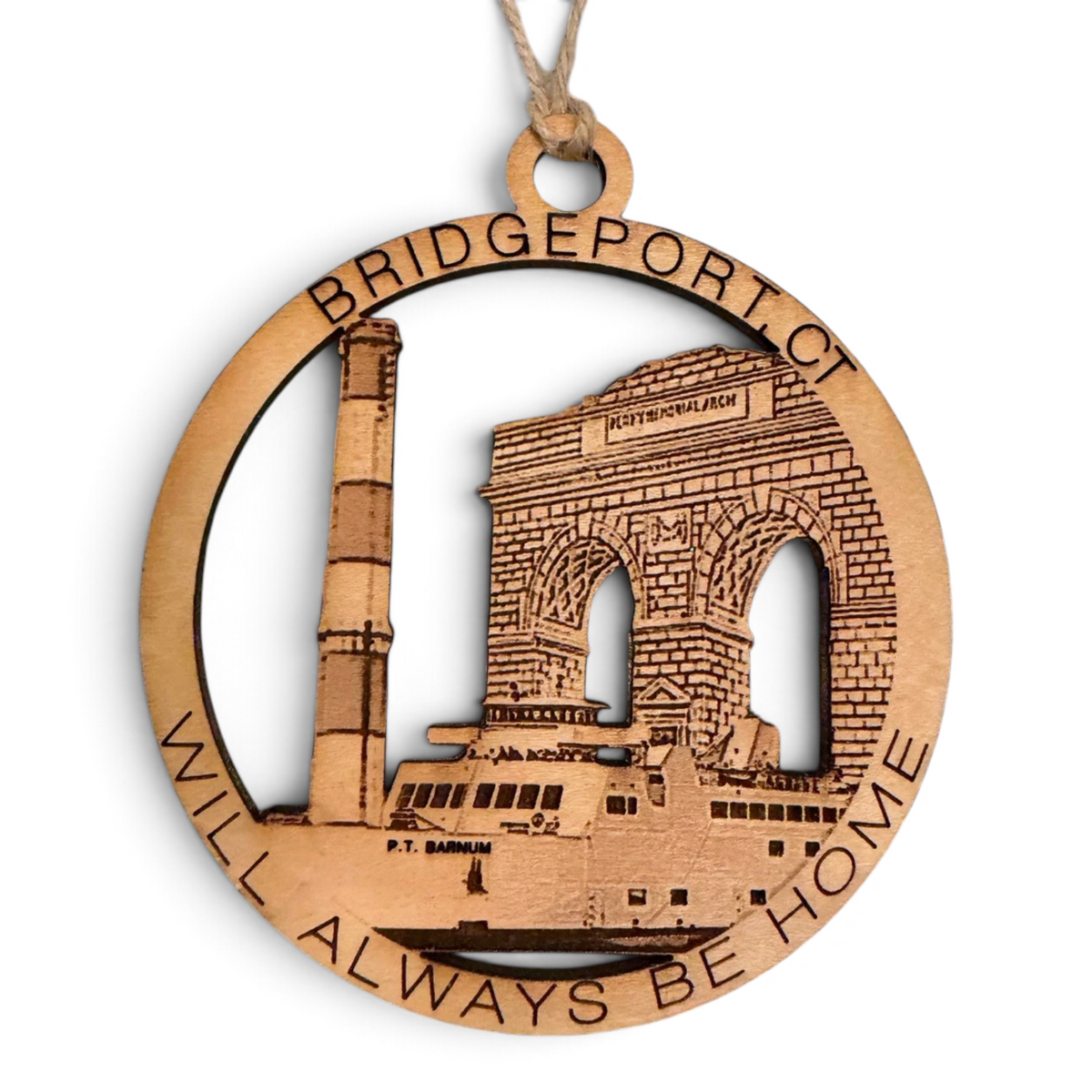 Mellow Monkey wooden ornament featuring Bridgeport CT landmarks including the Perry Memorial Arch and ferry.