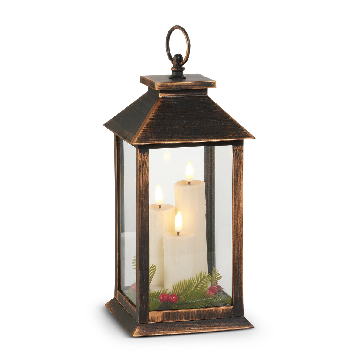 Mellow Monkey bronze lantern with three flameless candles, festive greenery, and red berries, 11.5 inches tall.