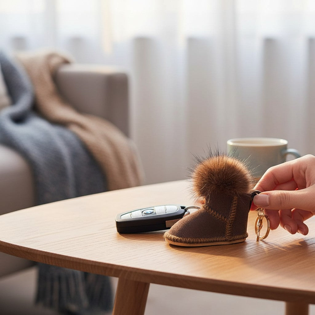Mellow Monkey brown suede-like boot keychain with fluffy brown pom-pom accent and gold hardware.