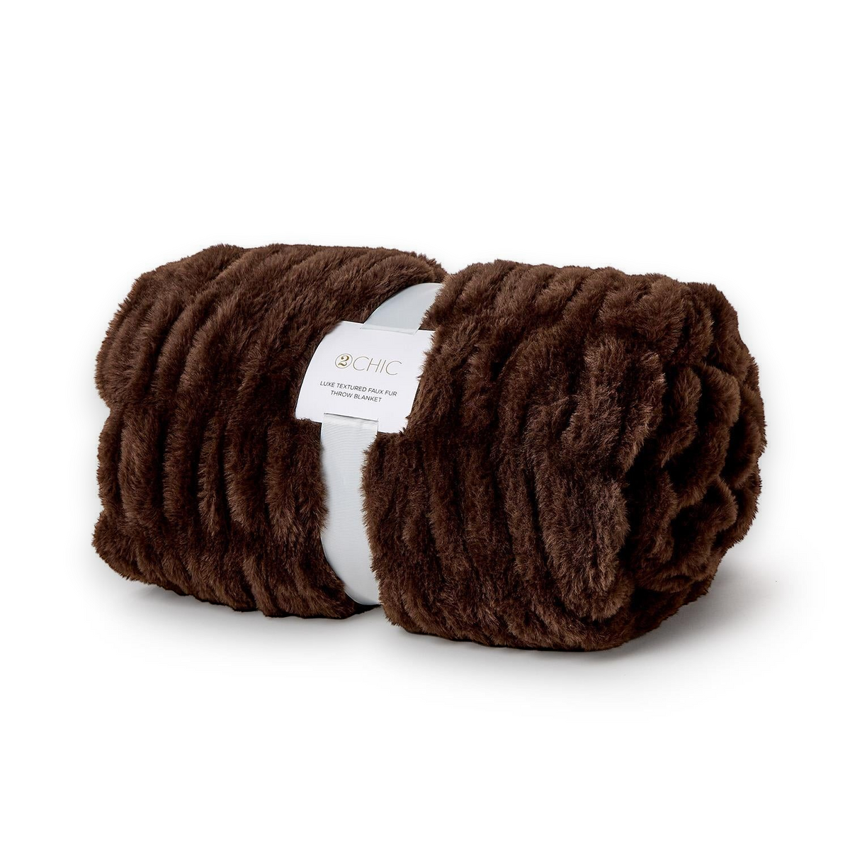 Mellow Monkey brown faux fur throw blanket with a plush, textured finish, rolled and secured with a white label.