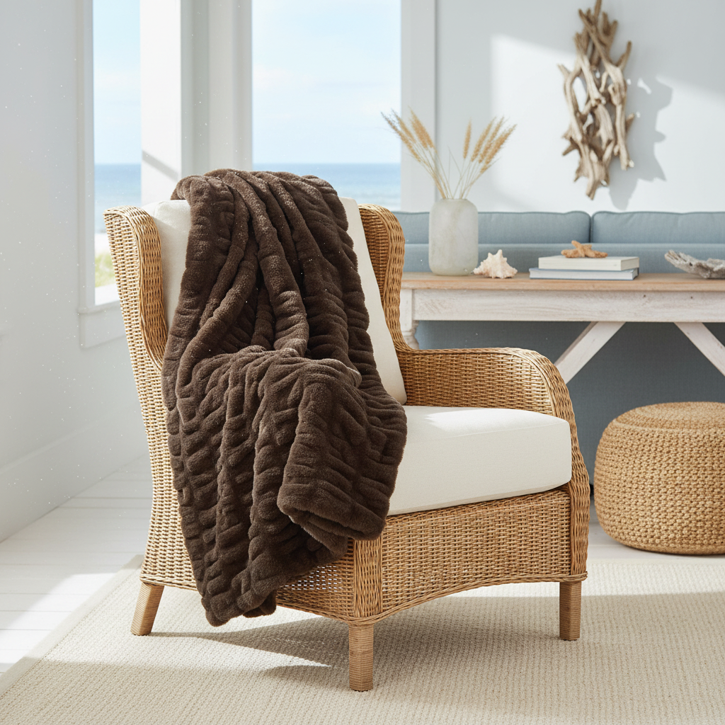 Mellow Monkey brown faux fur throw blanket draped over a wicker armchair in a coastal living room setting