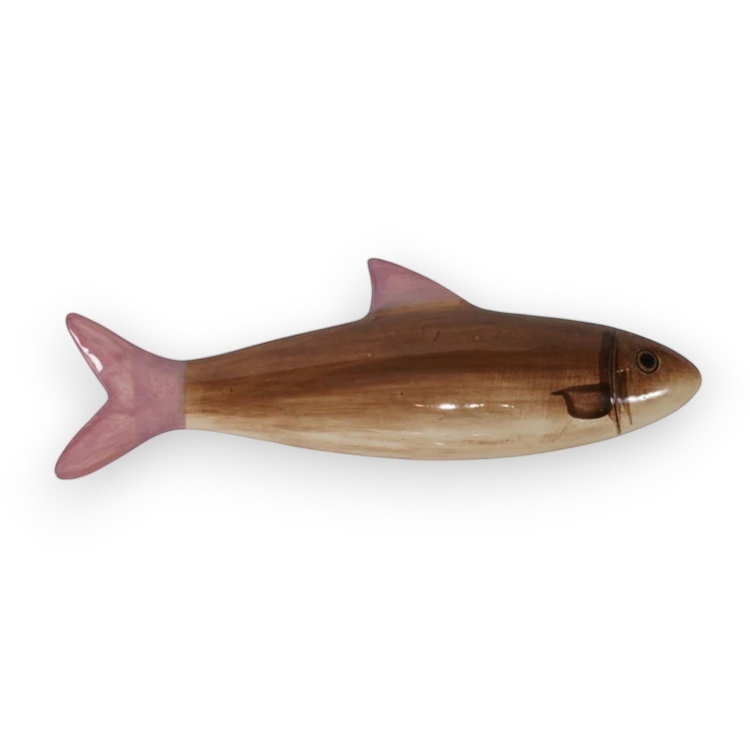 Mellow Monkey hand-painted stoneware fish wall decor, brown with pink tail and fin, 10.25 inches.