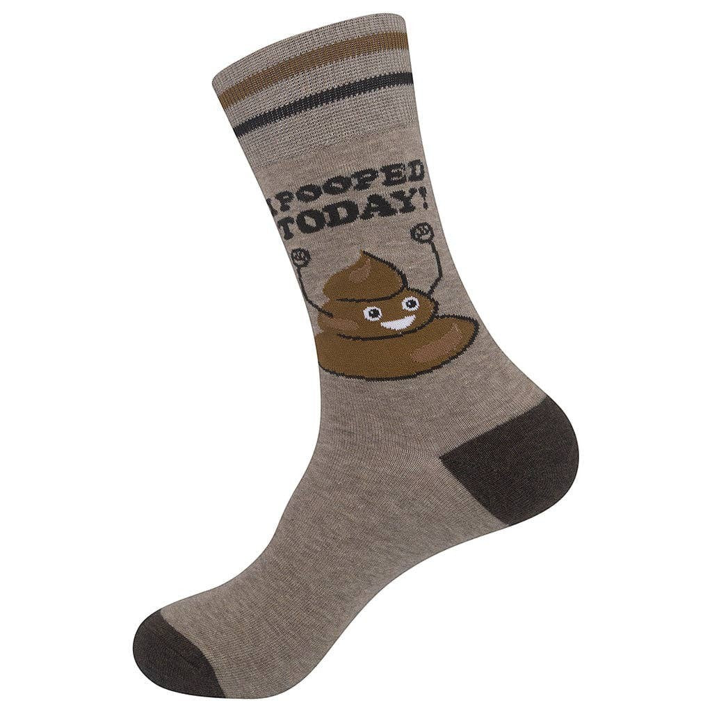 Mellow Monkey light brown crew socks with a cartoon poop character and the text I Pooped Today in dark brown
