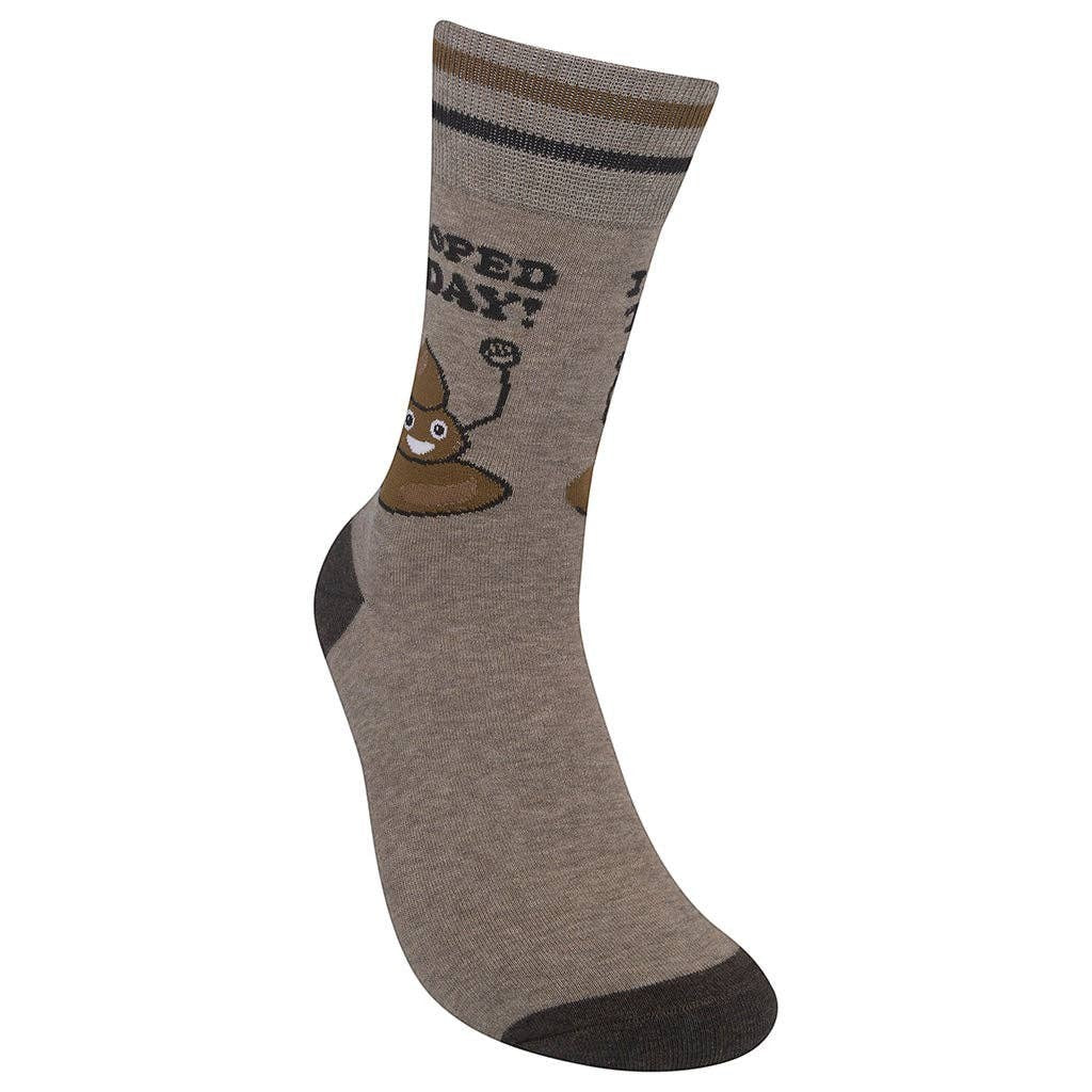 Mellow Monkey light brown crew socks featuring a cartoon poop character and the text I Pooped Today