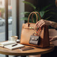 Mellow Monkey brown faux leather mini handbag keychain with colorful scarf detail attached to a tan leather tote bag.