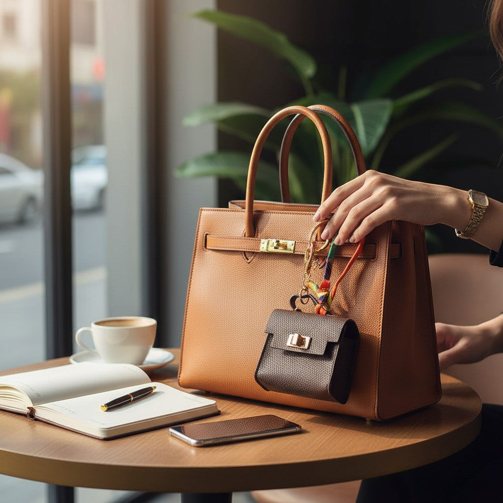 Mellow Monkey brown faux leather mini handbag keychain with colorful scarf detail attached to a tan leather tote bag.