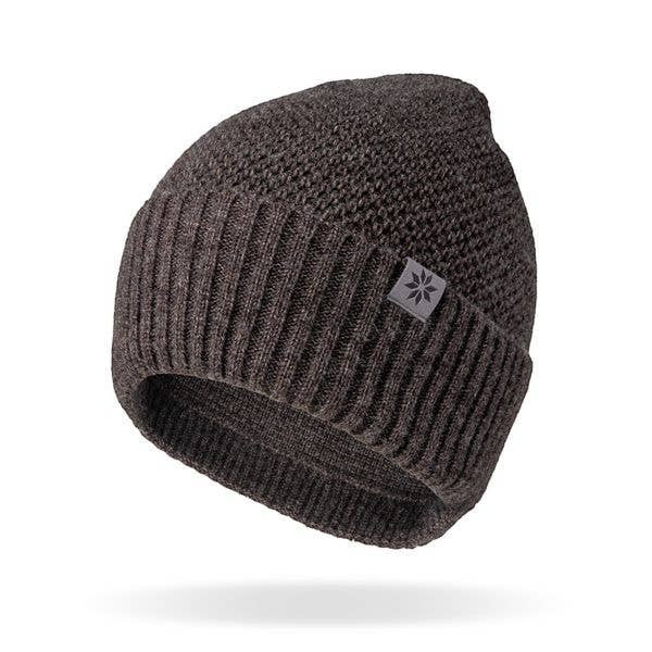 Mellow Monkey dark brown men's beanie with a textured moss stitch pattern and a stretchy rib knit cuff.