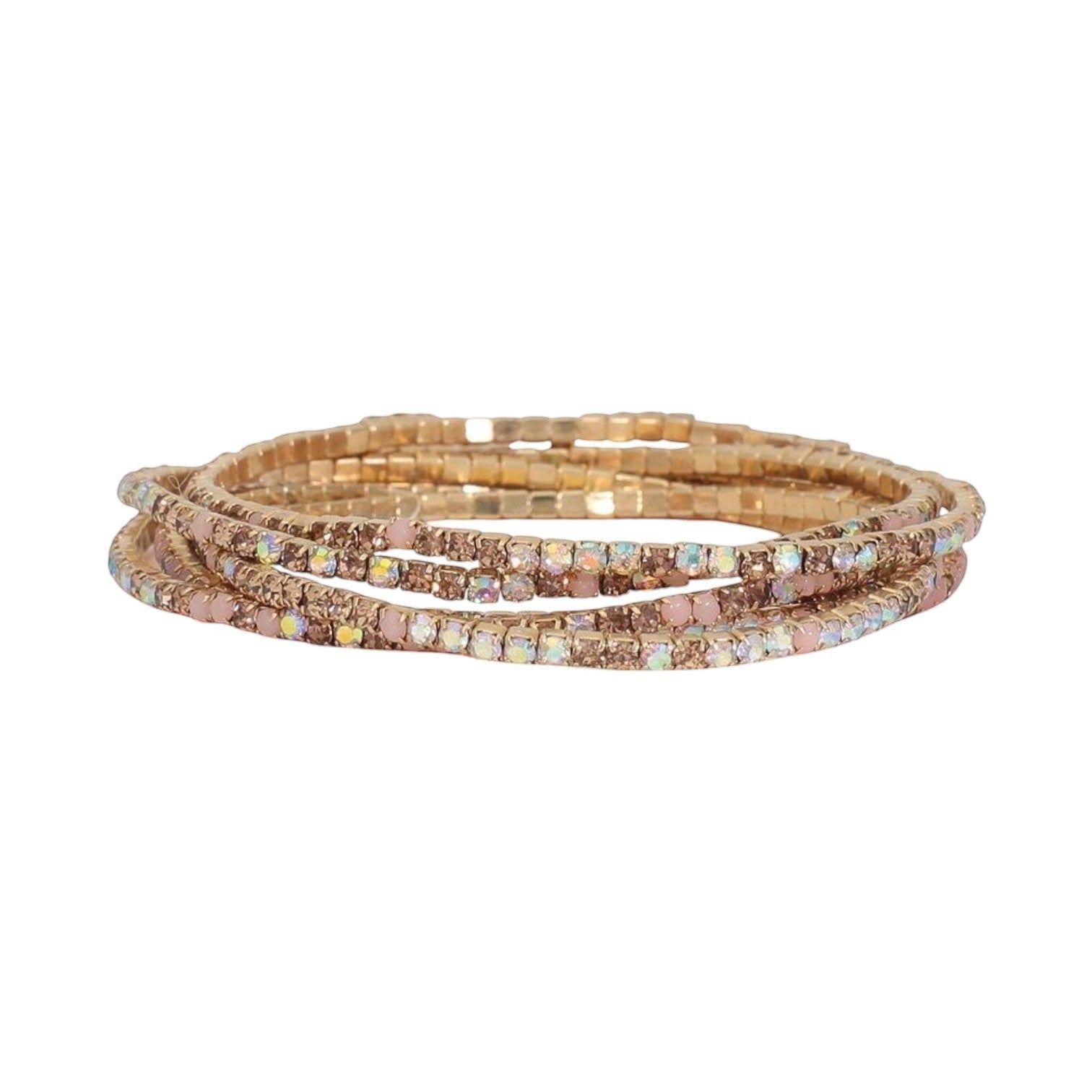 Mellow Monkey 6-strand bracelet featuring brown and pink crystals on a gold-tone base for a coastal beachy look.