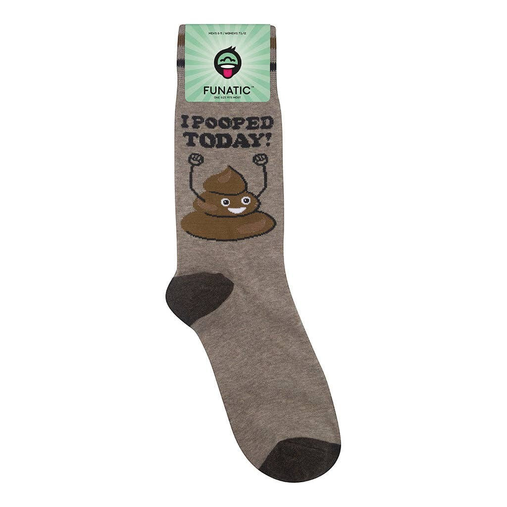 Mellow Monkey brown crew socks featuring a cartoon poop character with fists raised and the text I Pooped Today