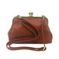 Mellow Monkey brown vinyl kisslock bag with a vintage-inspired structured silhouette and detachable crossbody strap.